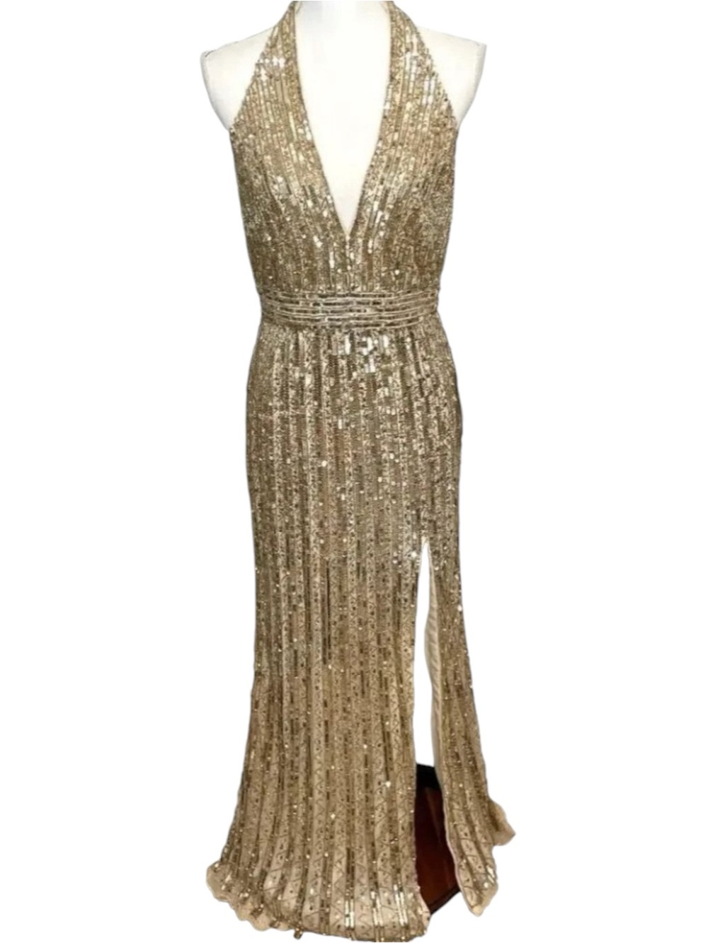 Mac Duggal 5759 Sequined
Halter Strap Trumpet
Gown Nude Gold Size 12 NWT - Picture 3 of 11
